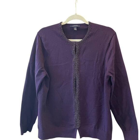 Lands’ End Purple Jewel Tone Cardigan Women’s L Beaded Trim Hook‑Eye Closure EUC - Picture 3 of 6